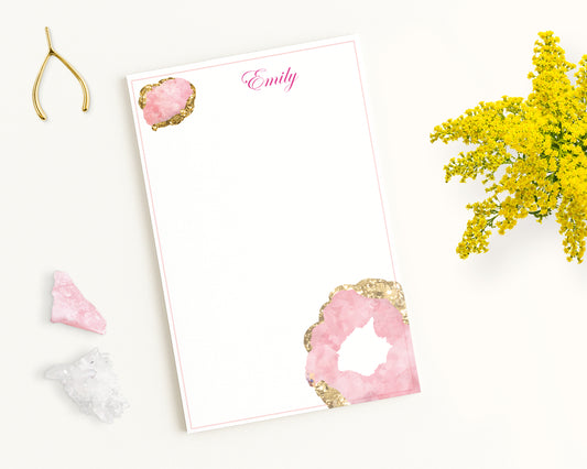 Personalized Paper Notepad Stationery with custom name and rose quartz birthstone gem print