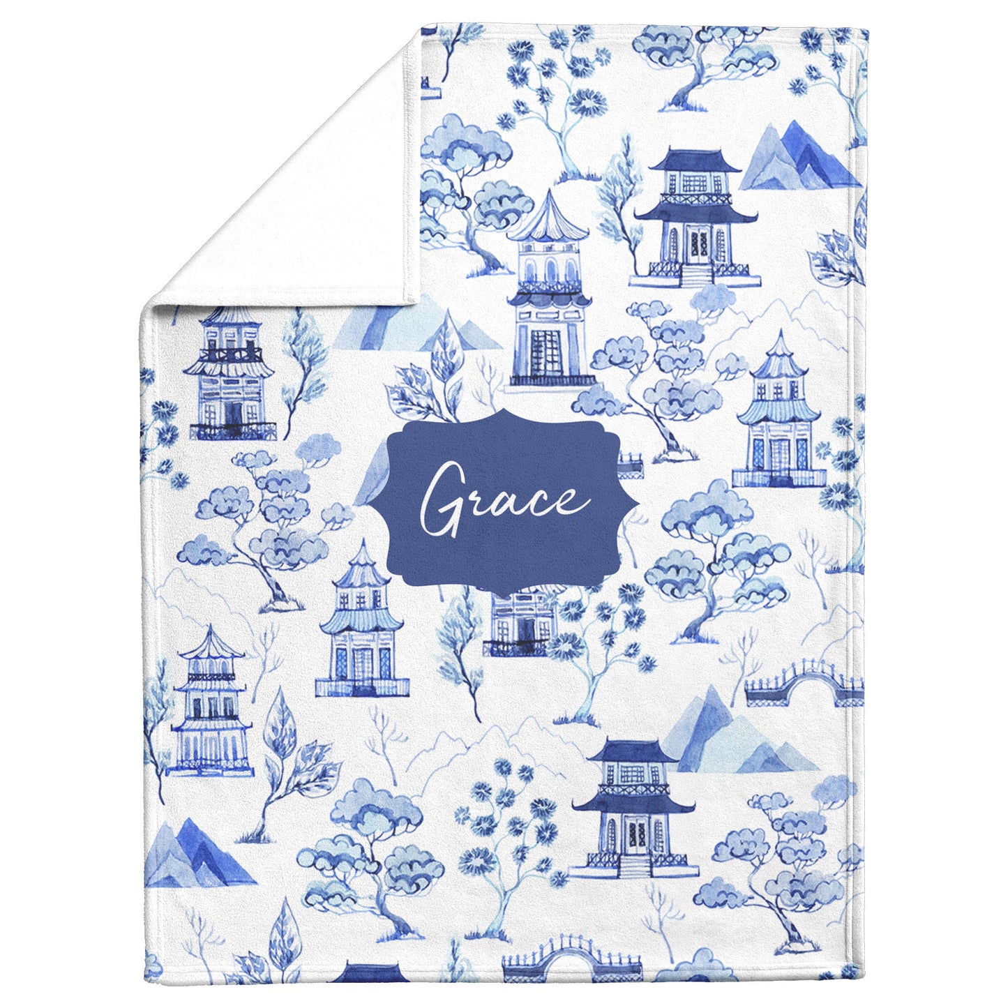 Personalized Dog Blanket with Toile Print in Blue & White