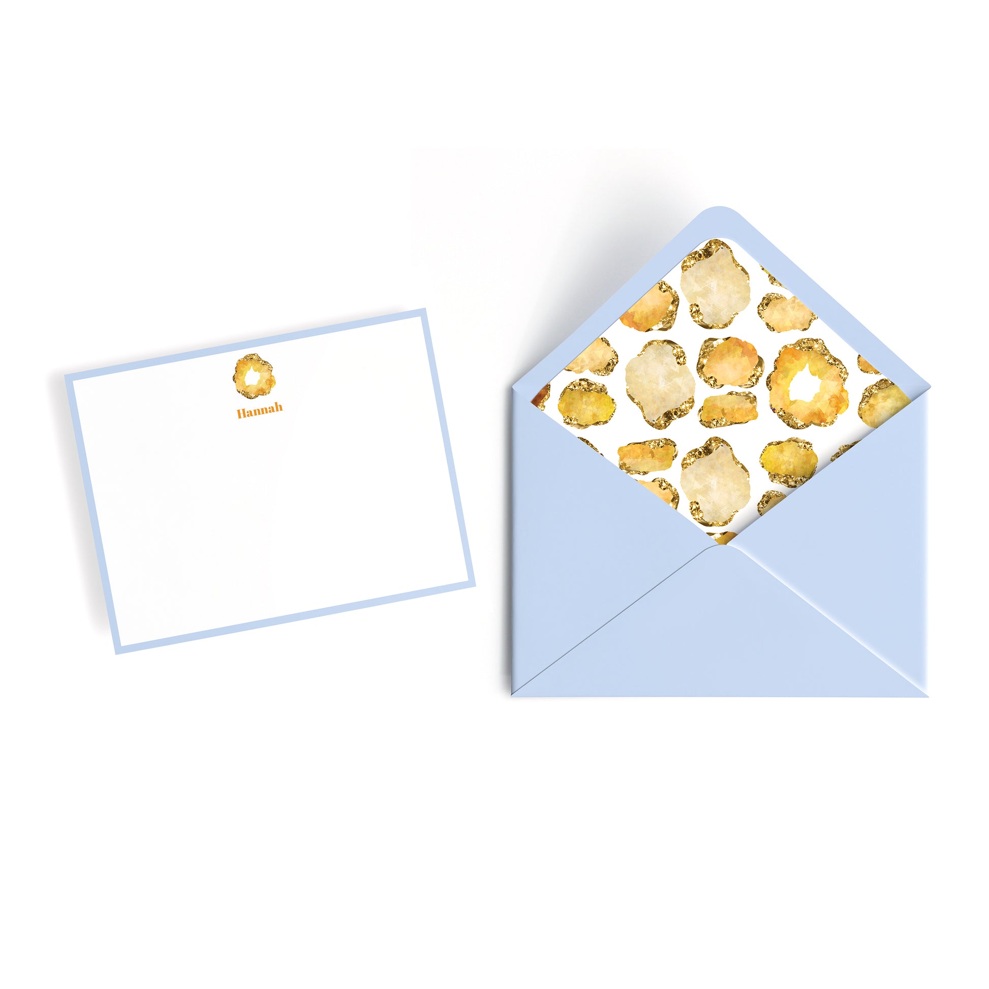 Luxury Custom Stationery Set with notecard and matching lined envelope feature citrine gems and azure blue.
