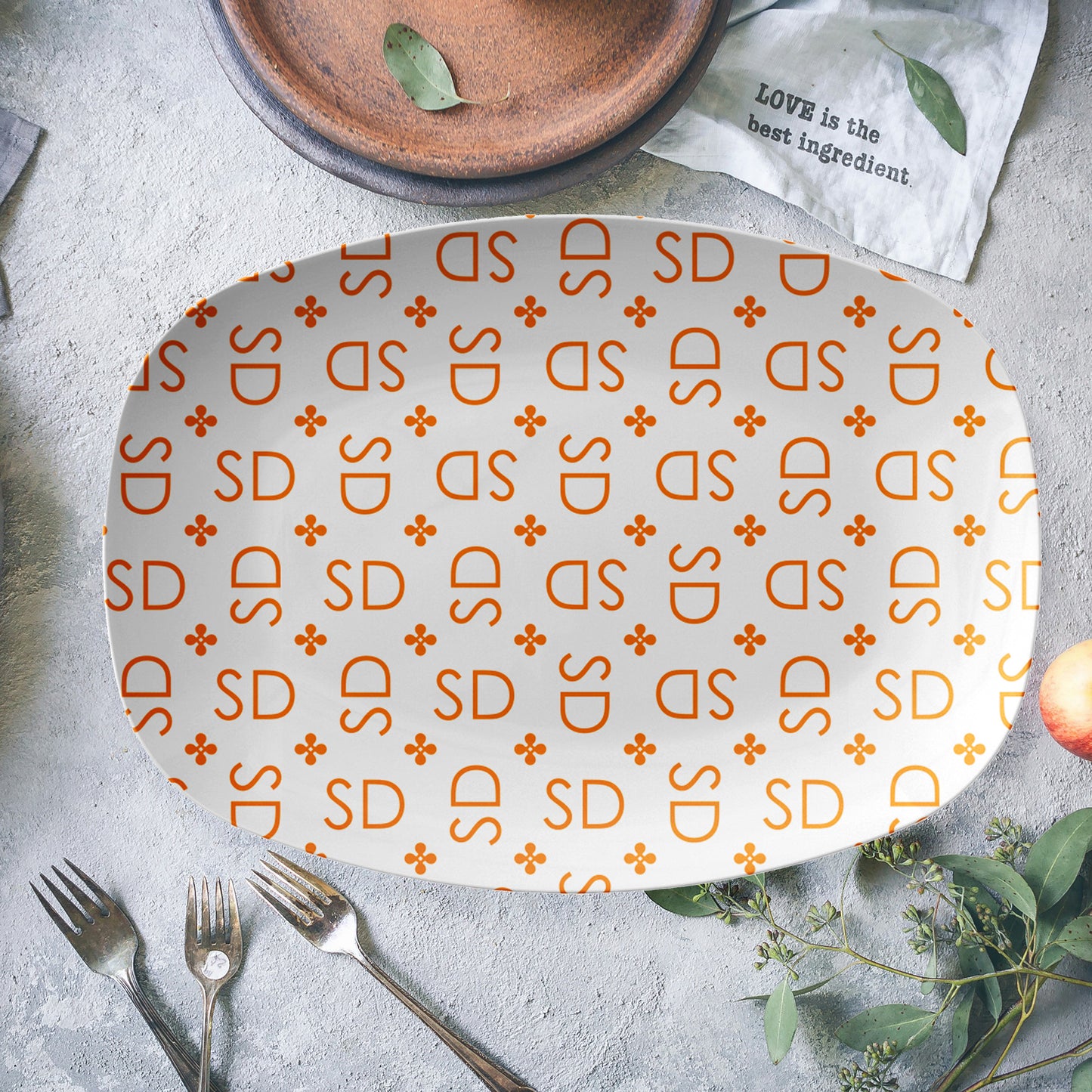 Monogrammed Platters Trays with custom initials in all over pattern, white and orange
