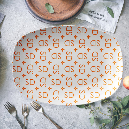 Monogrammed Platters Trays with custom initials in all over pattern, white and orange