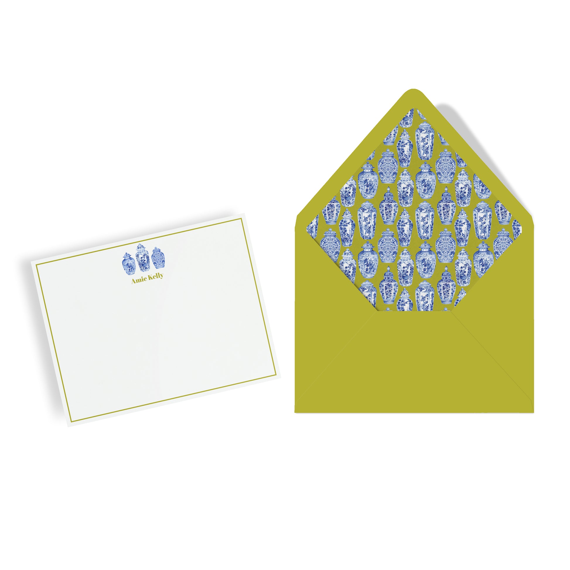 Note card with blue and white ginger jars design on a white background, featuring a chartreuse green border, custom name and matching envelope.