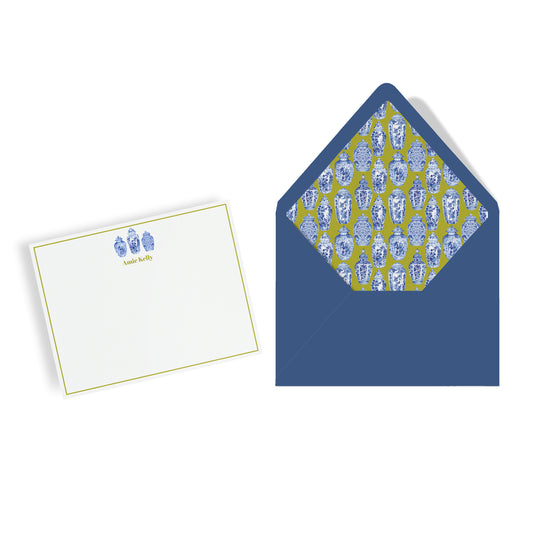 Personalized Chinoiserie Ginger Jars Notecards, Custom Stationery Set, Chartreuse