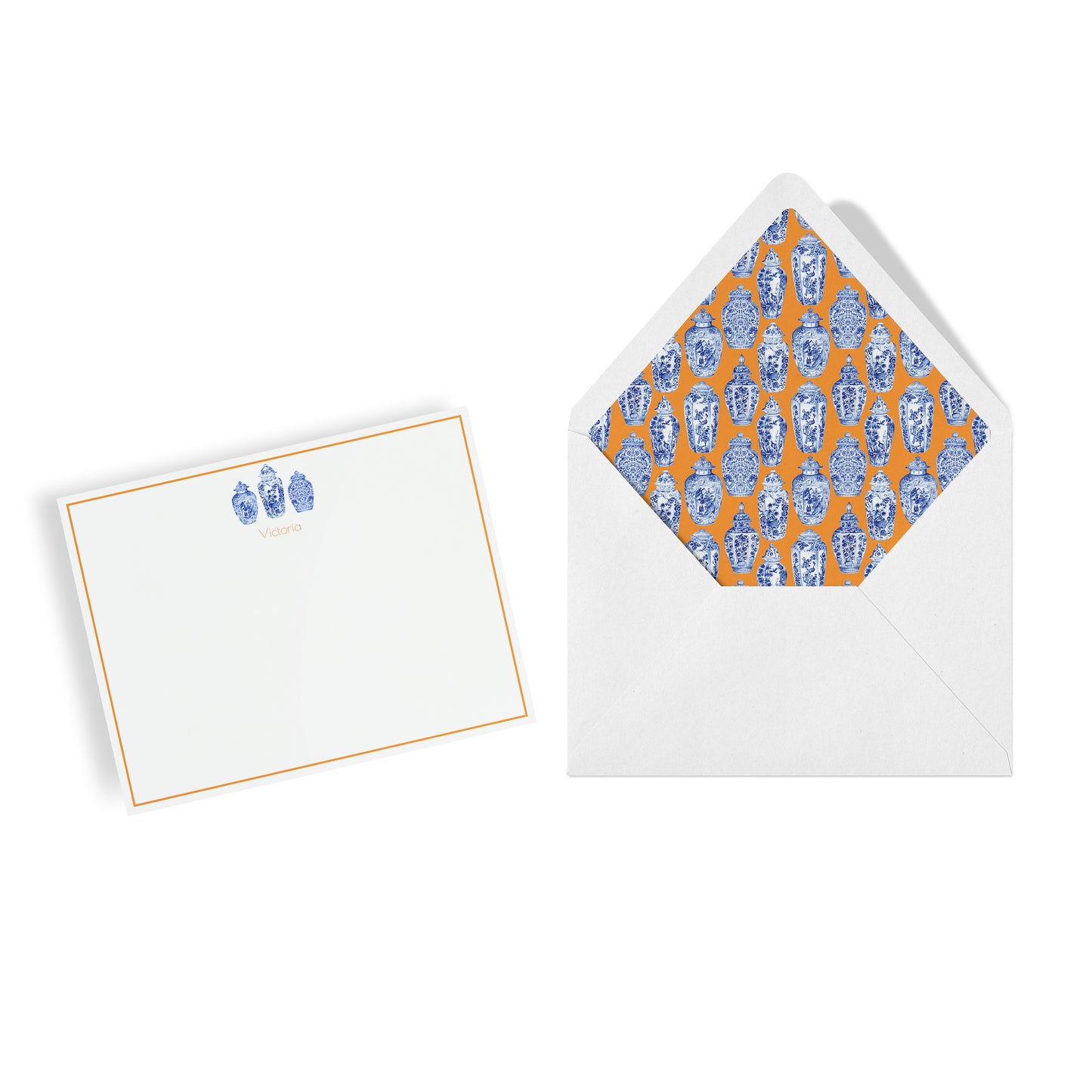 Personalized Chinoiserie Ginger Jars Notecards, Custom Stationery Set, Orange
