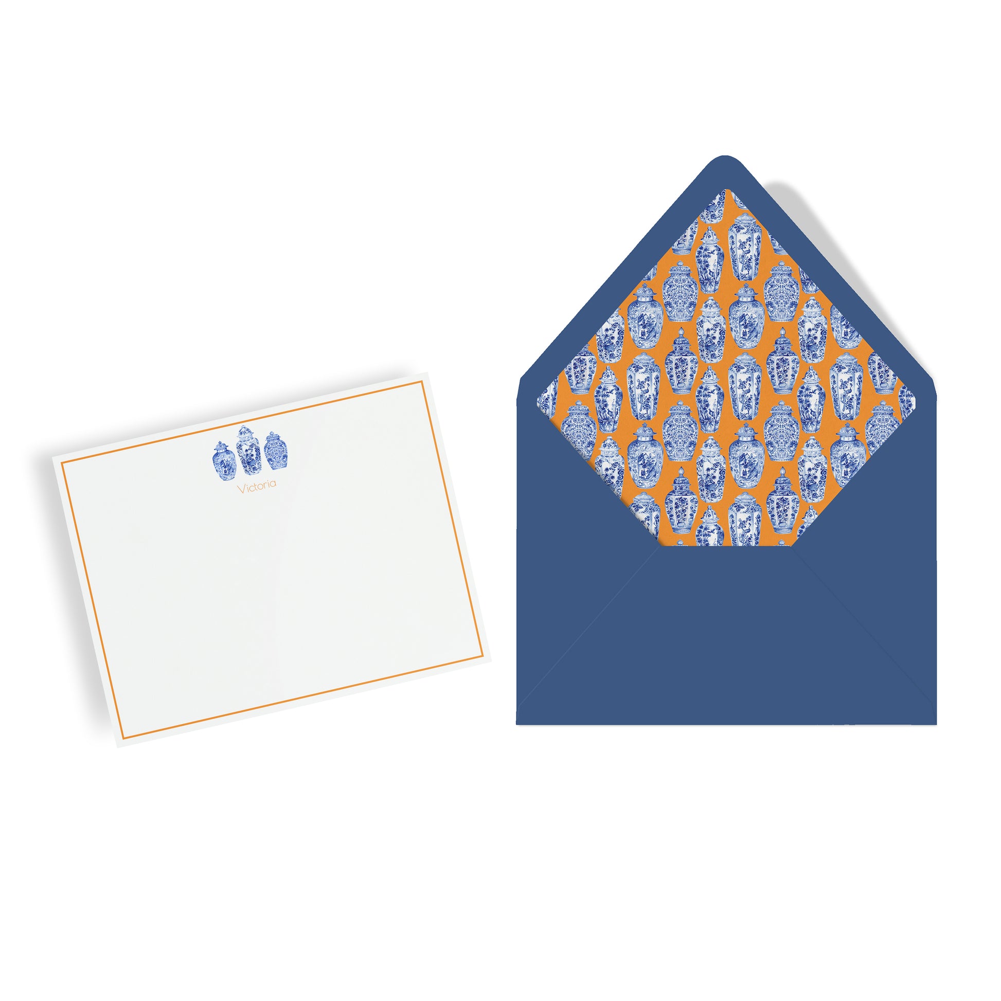 Personalized note card stationery set with matching envelope featuring blue, white and orange chinoiserie ginger jars pattern
