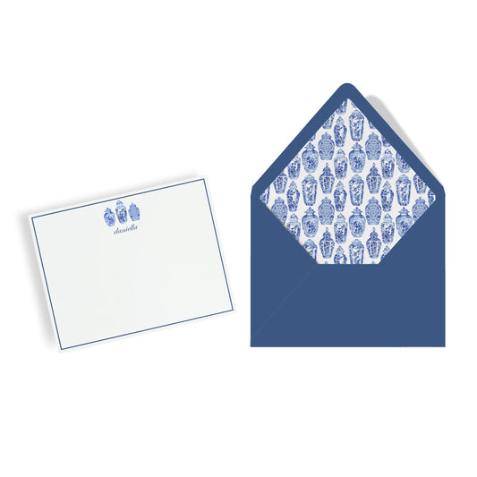Personalized Stationery Notecard Set with patterned paper-lined blue envelope to match. Design is Blue & White Chinoiserie Ginger Jars with custom text, name, monogram