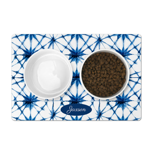 Blue & White Personalized Pet Food Mat Japanese Shibori Tie Dye Print