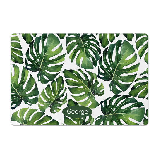 Personalized Pet Food Mat, Tropical Monstera, Green & White