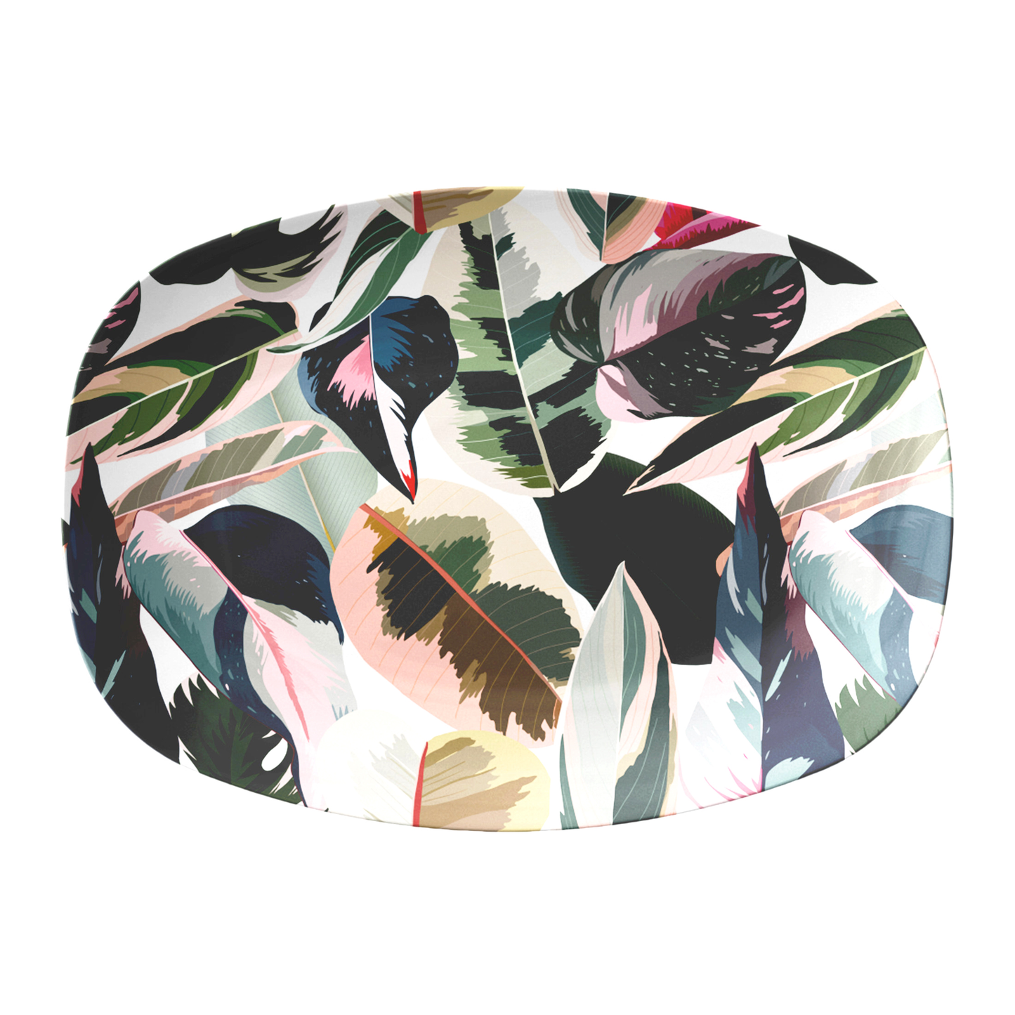 Stylish serving platter with Pink Princess Philodendron leaves collage, multi colors