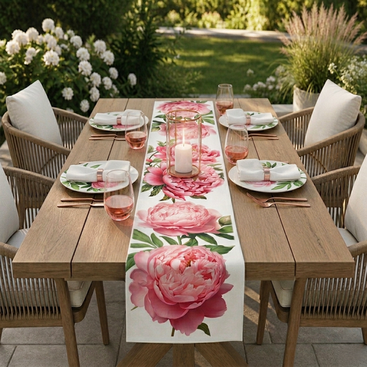 Garden party botanical dining table set with pink peony floral table runner, flower plates, and wine glasses outdoors.