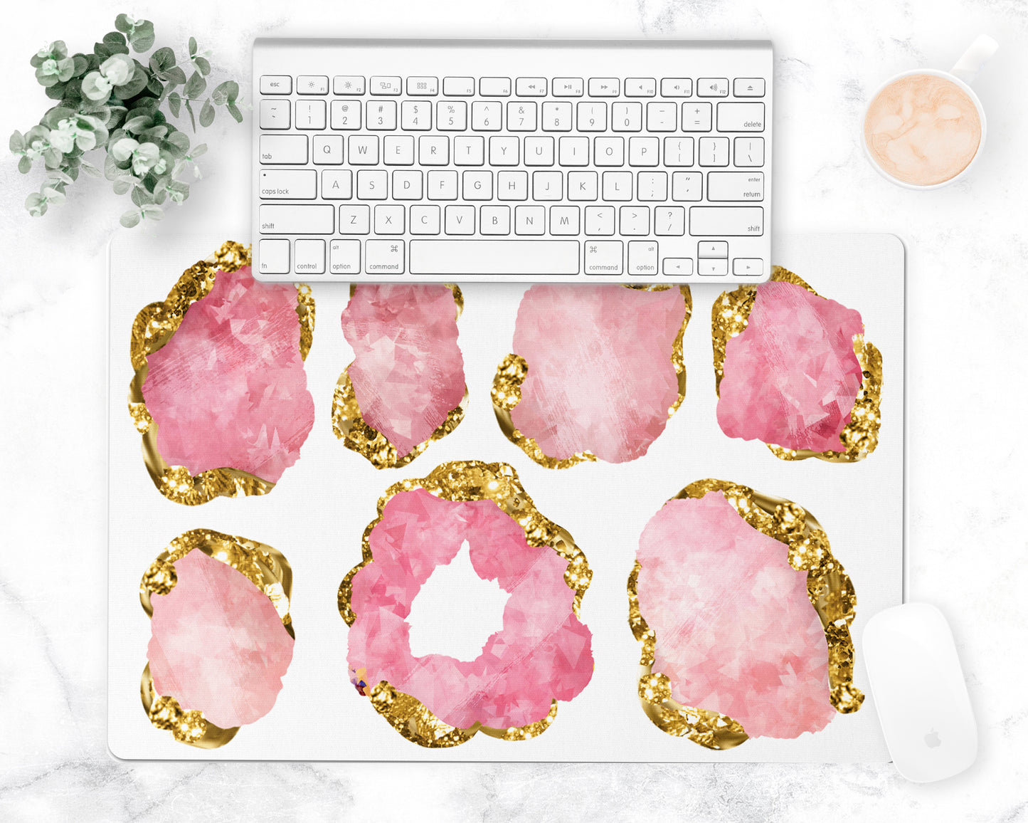 Gorgeous pink and gold gemstone pattern is printed on this pretty desk pad. Also may be used as a counter or bar mat. Reverses to nonskid rubber back.