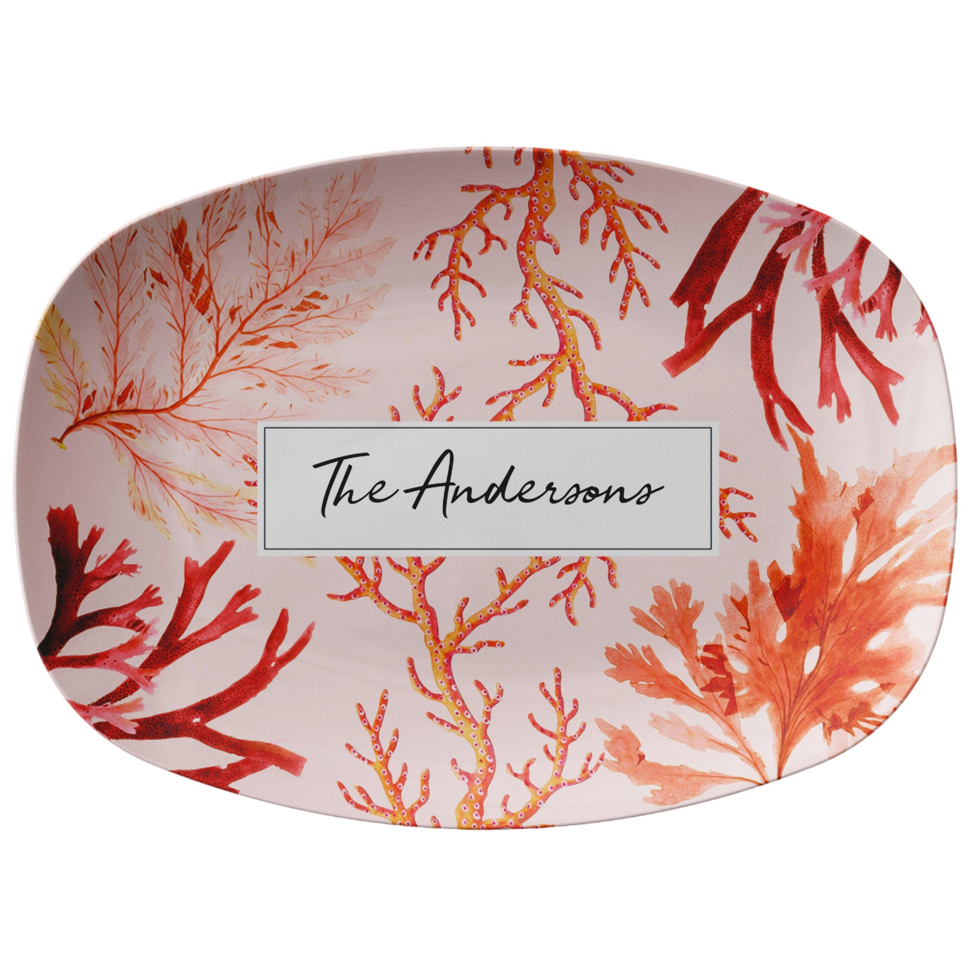 Pink & Coral Custom Serving Platter with ocean motifs and personalization