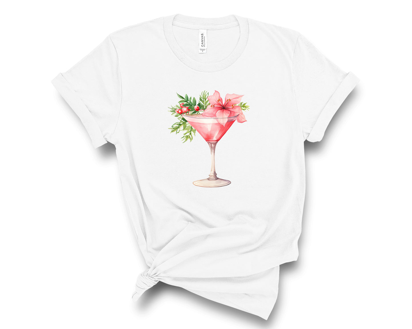 Glamorous tshirt for women has a gorgeous holiday cocktail graphic print. Available in white or black tee. Pink cocktail features a pretty pink poinsettia garnish.