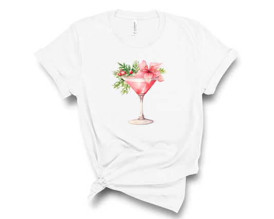 Glamorous tshirt for women has a gorgeous holiday cocktail graphic print. Available in white or black tee. Pink cocktail features a pretty pink poinsettia garnish.