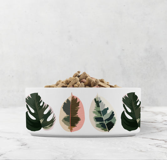 Philodendron leaf print dog or cat food or water bowl.