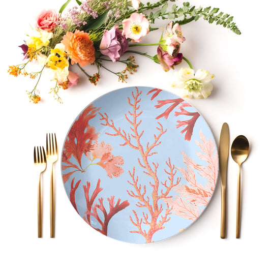 Coral Reef Nautical Plate Set features sea life plants and coral, Blue & Coral