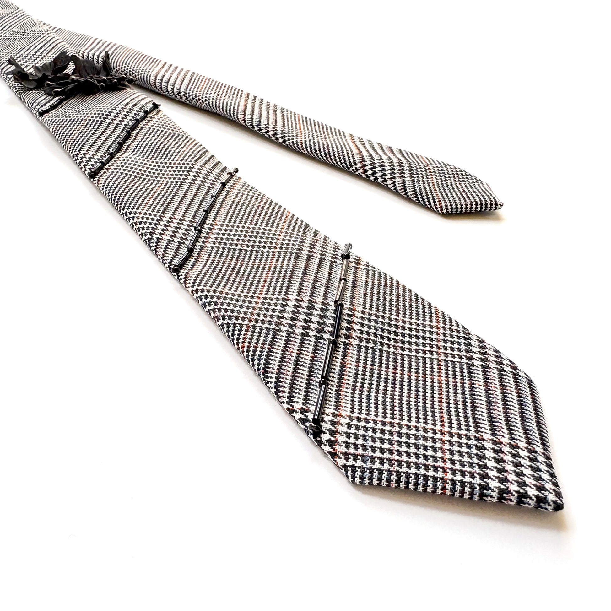 Black and white houndstooth plaid skinny necktie with embroidered beads and flowers