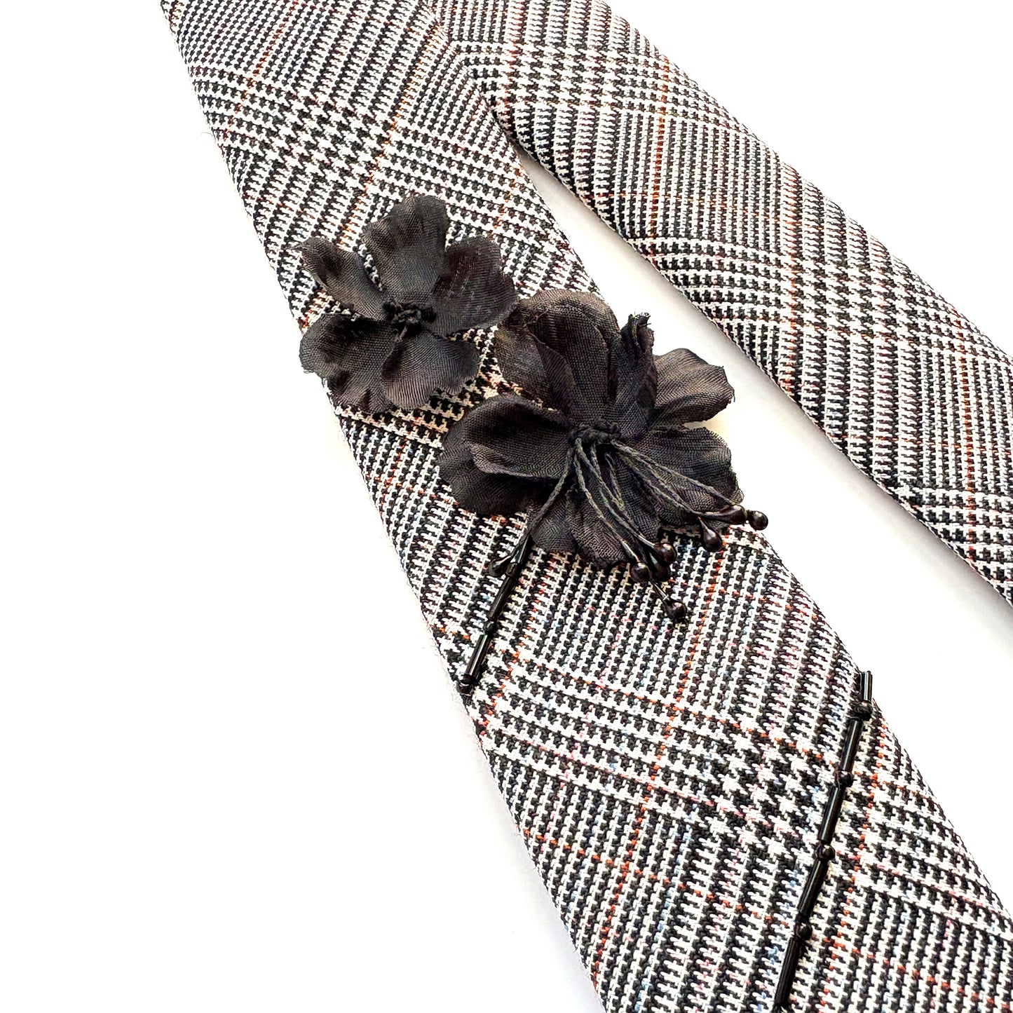 Black and white houndstooth plaid skinny necktie with embroidered beads and flowers