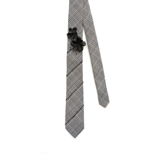 Black & White Plaid Skinny Necktie upcycled with beads embroidery and flowers with French Knots.