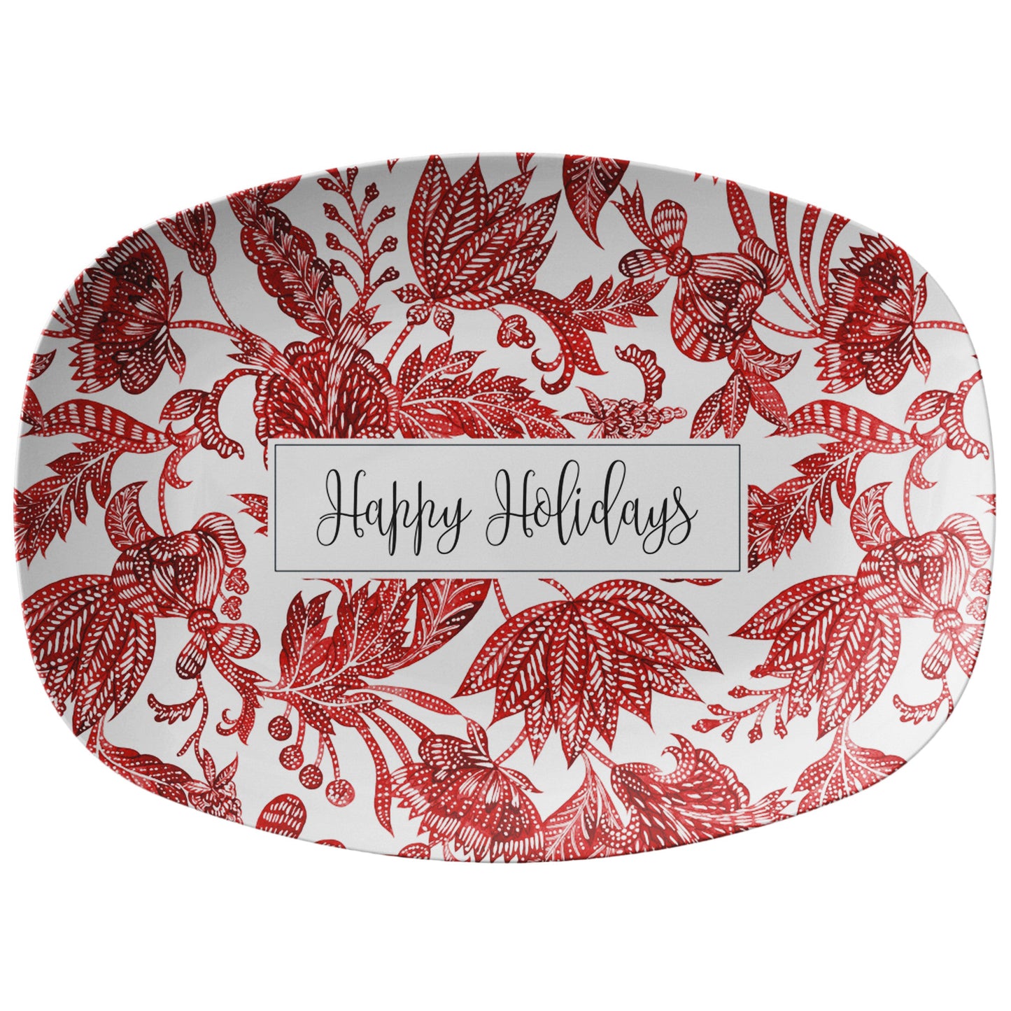Personalized serving platter in red and white floral batik pattern. Add any name or word.