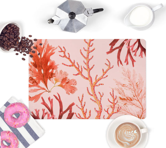 Ocean coral sea motif printed on moisture wicking polyester. Beautiful counter mat, bar mat or desk pad. Pale pink background.
