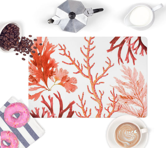 Red, orange and pink sea coral kitchen counter mat. May also be used as a desk pad or bar cart mat.
