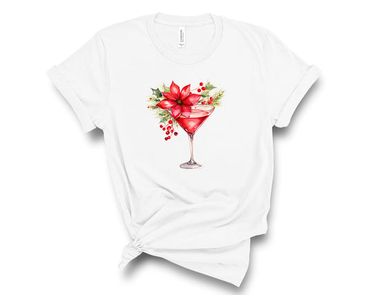 Christmas cocktail tee shirt for women features a gorgeous red cocktail with a poinsettia garnish.