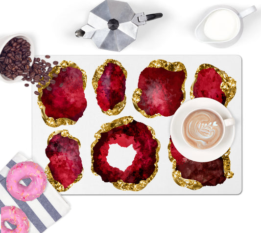 Jeweled pattern counter top mat in ruby red and gold is pretty and unique. May also be used as a desk mat or bar mat.