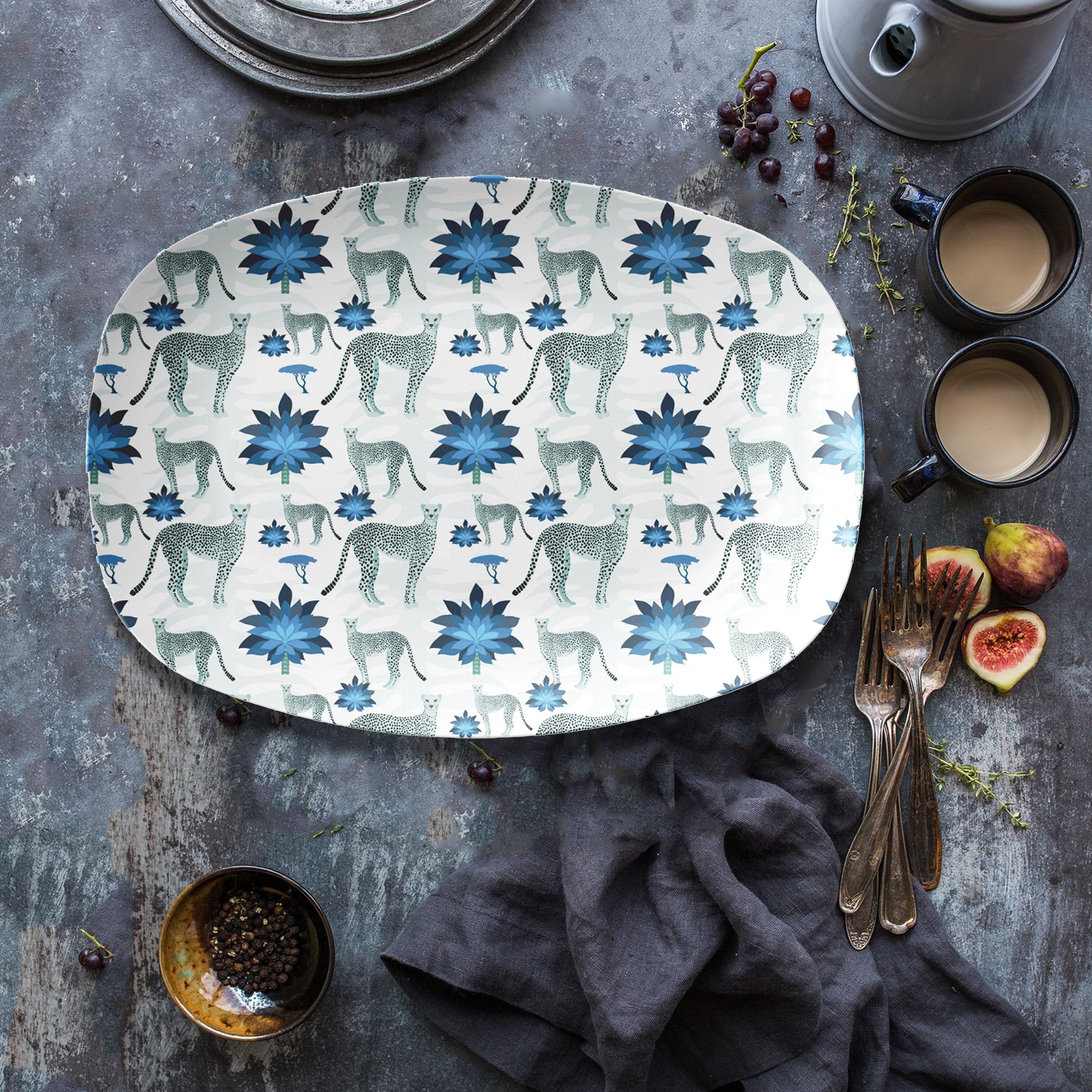 Chinoiserie Cheetah Print Blue & White Serving Platter - hand drawn cheetah and palm trees