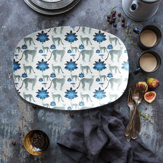 Chinoiserie Cheetah Print Blue & White Serving Platter - hand drawn cheetah and palm trees