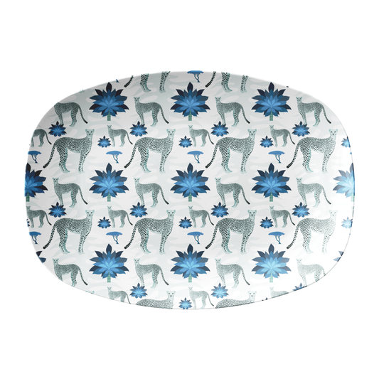 Chinoiserie Cheetah Print Blue & White Serving Platter, BPA Free Plastic