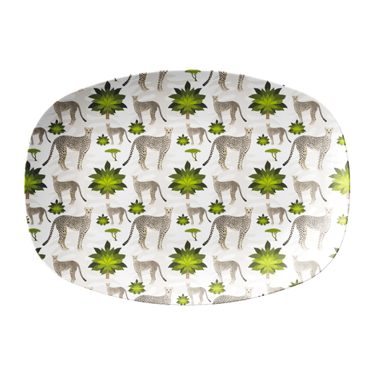 Safari Chinoiserie Serving Platter with Cheetah Print 14" x 10", Green & White