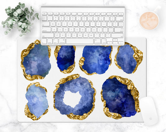Pretty blue and gold oversized gemstones are printed on this unique desk pad. May also be used as a counter trivet or bar cart mat.