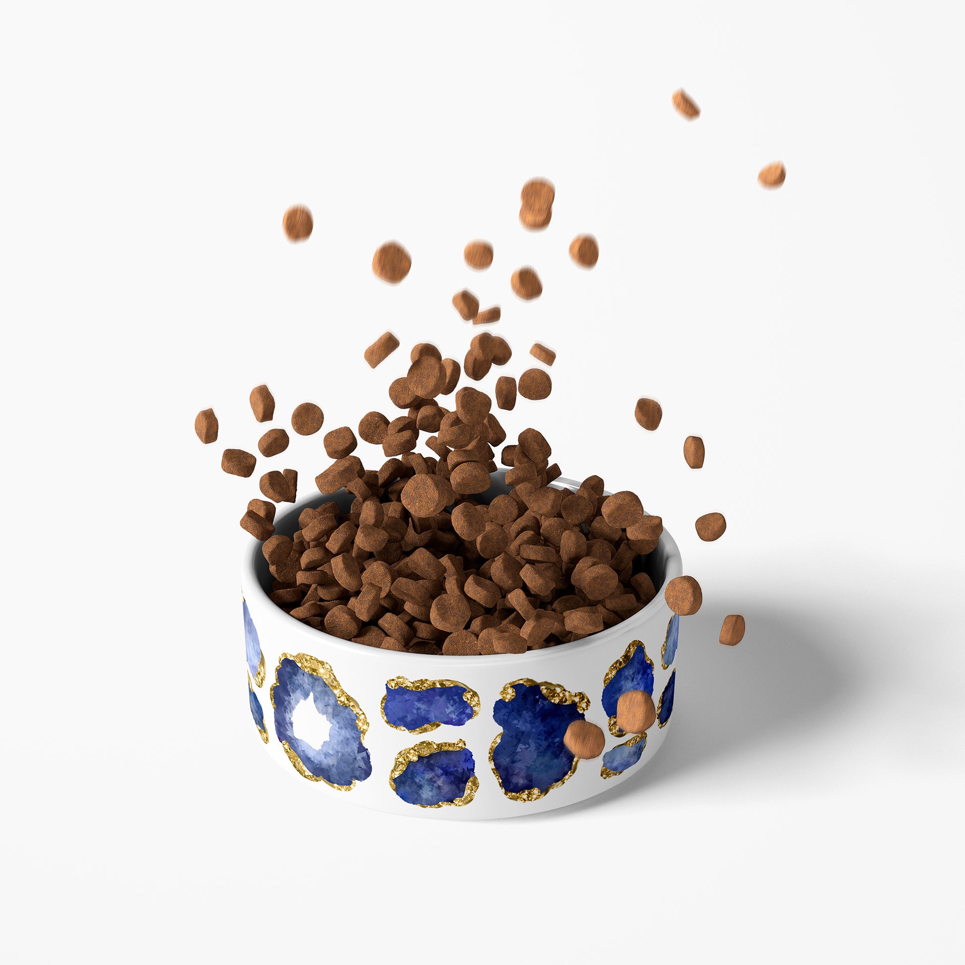 Heavy white ceramic non-tipping pet food bowl with pretty blue jewel print