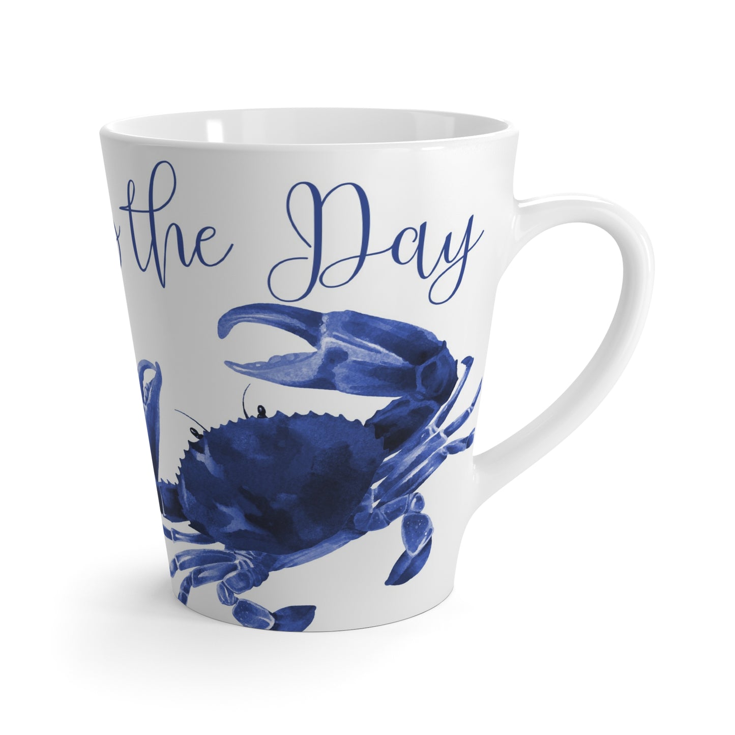 White mug with blue crab design and 'Seas the Day' text on a white background