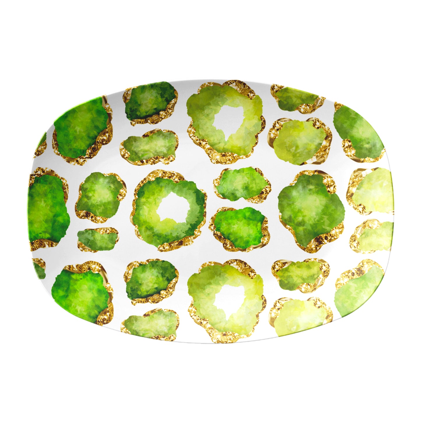 Oval serving platter has gemstone crystals in peridot green and gold printed on a white background.