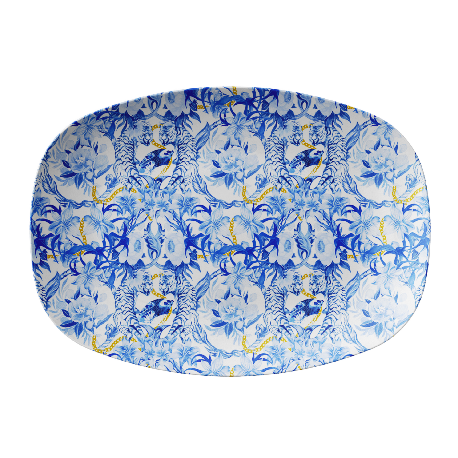 Oval platter with blue and white floral pattern with tigers on a white background