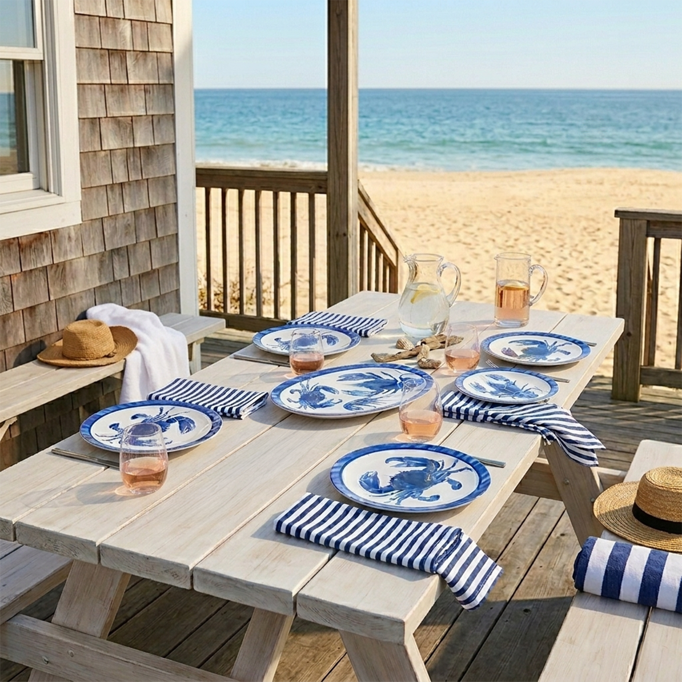 Indigo Blue Watercolor Crab Coastal Dinner Plate, 10"D, Choose Single or Set, Luxe Plastic