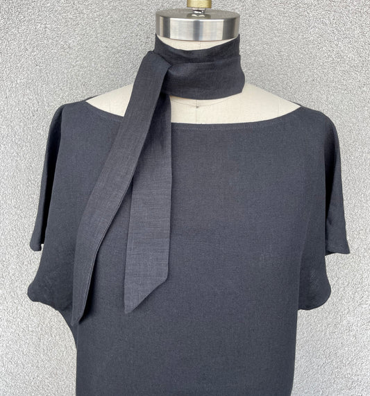 Black Linen Skinny Scarf for Women & Men, Necktie, Bow or Headband, 57" Long x 1.75" Wide