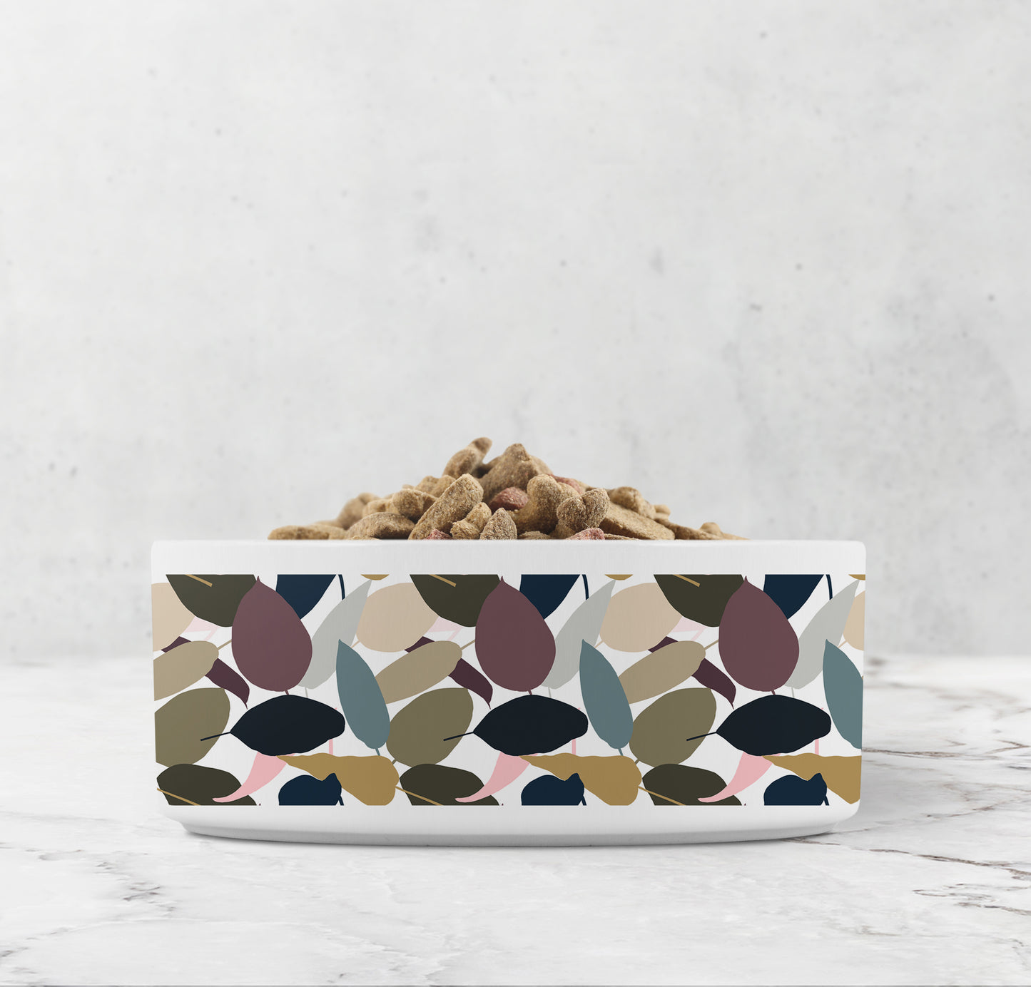 Modern leaf shape print dog bowl in gorgeous colors including plum, gold, olive and more.