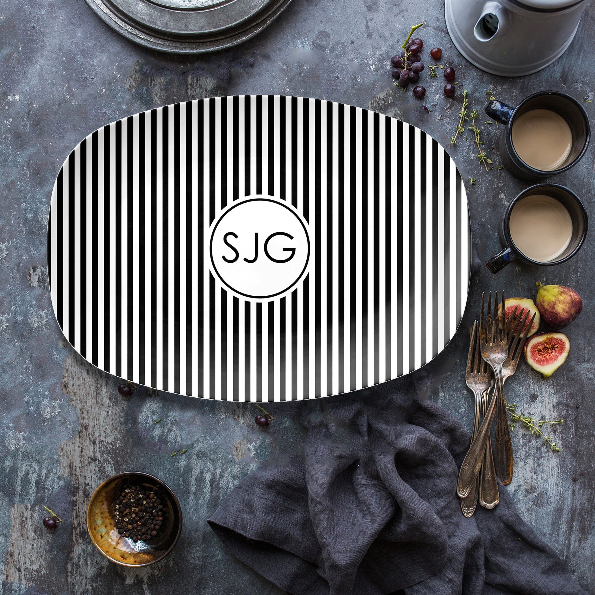 Personalized Monogram Serving Platter Gift with Modern Black and White Stripes and initials