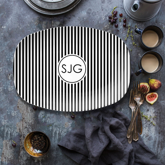 Personalized Monogram Serving Platter Gift with Modern Black and White Stripes and initials