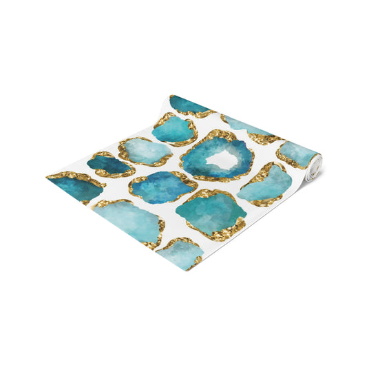Gemstone Print Table Runner, Aquamarine and Gold