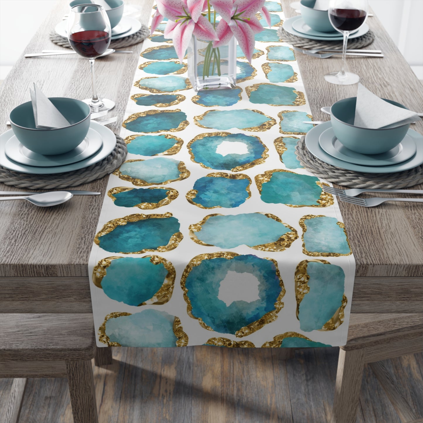 Gemstone Print Table Runner, Aquamarine and Gold