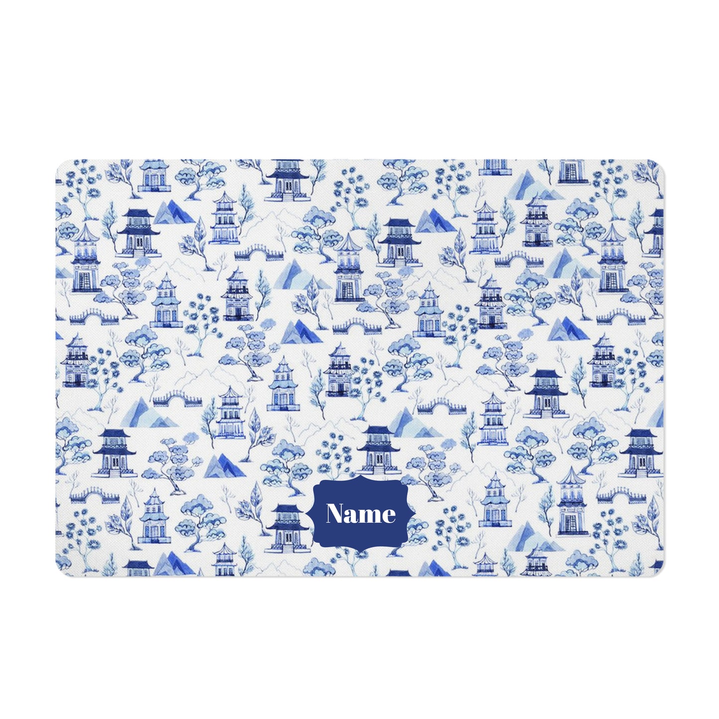 Personalized Pet Bowl Mat, Chinoiserie Toile, Blue and White