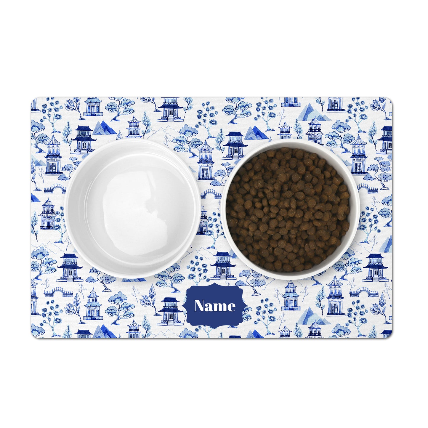 Chinoiserie pattern in blue and white personalized dog feeding mat