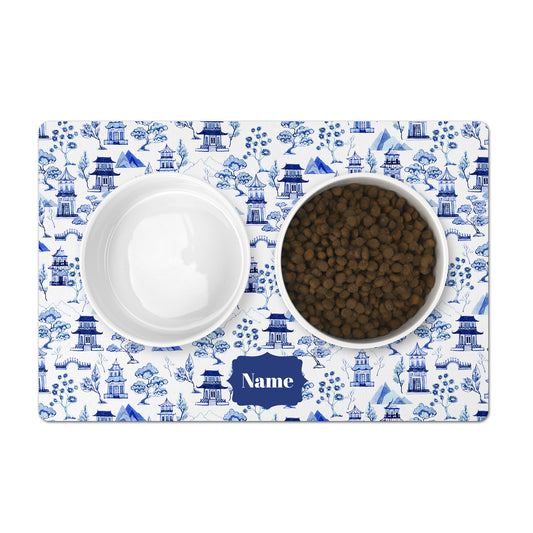 Chinoiserie pattern in blue and white personalized dog feeding mat