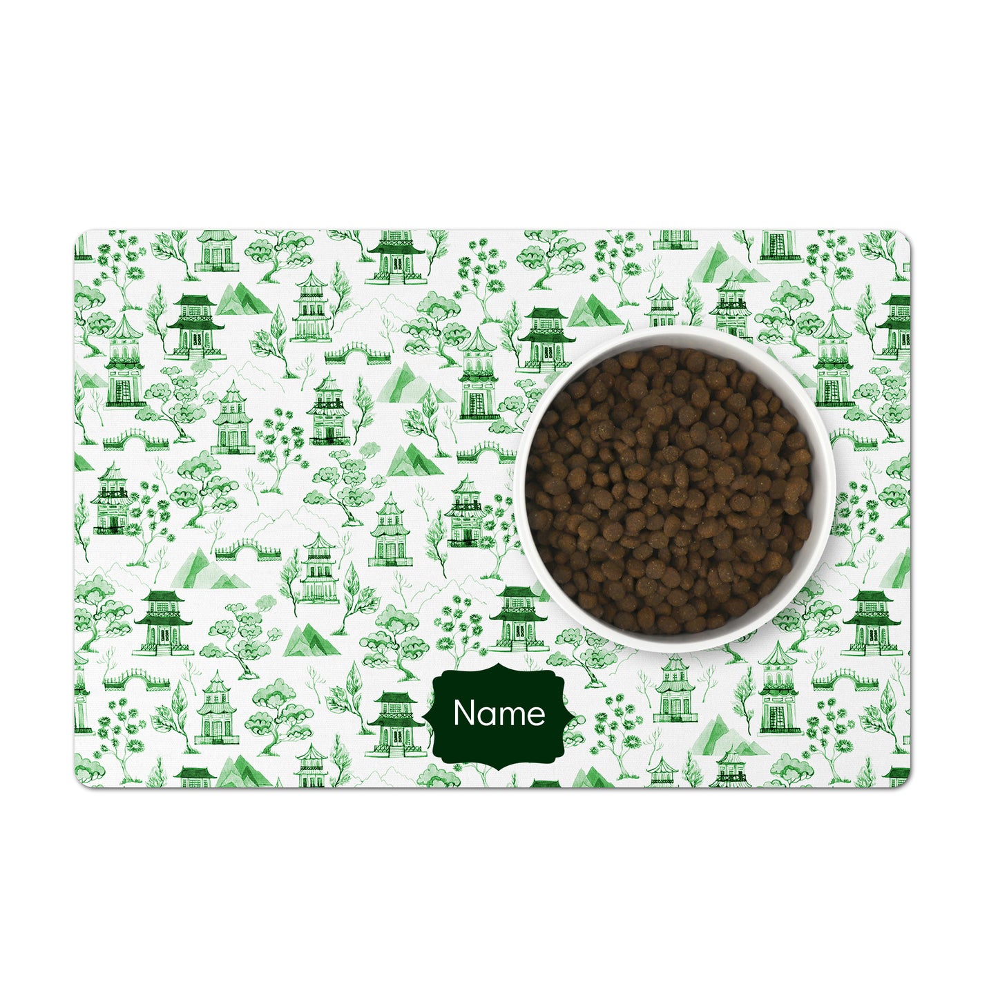 Green chinoiserie toile dog or cat feeding mat with custom name