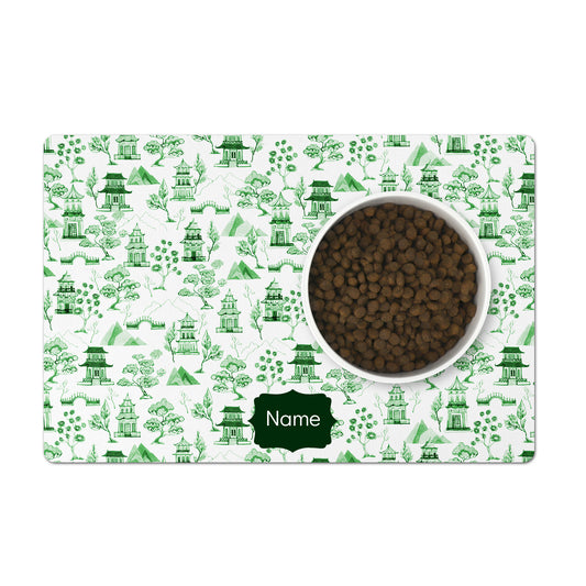 Green chinoiserie toile dog or cat feeding mat with custom name