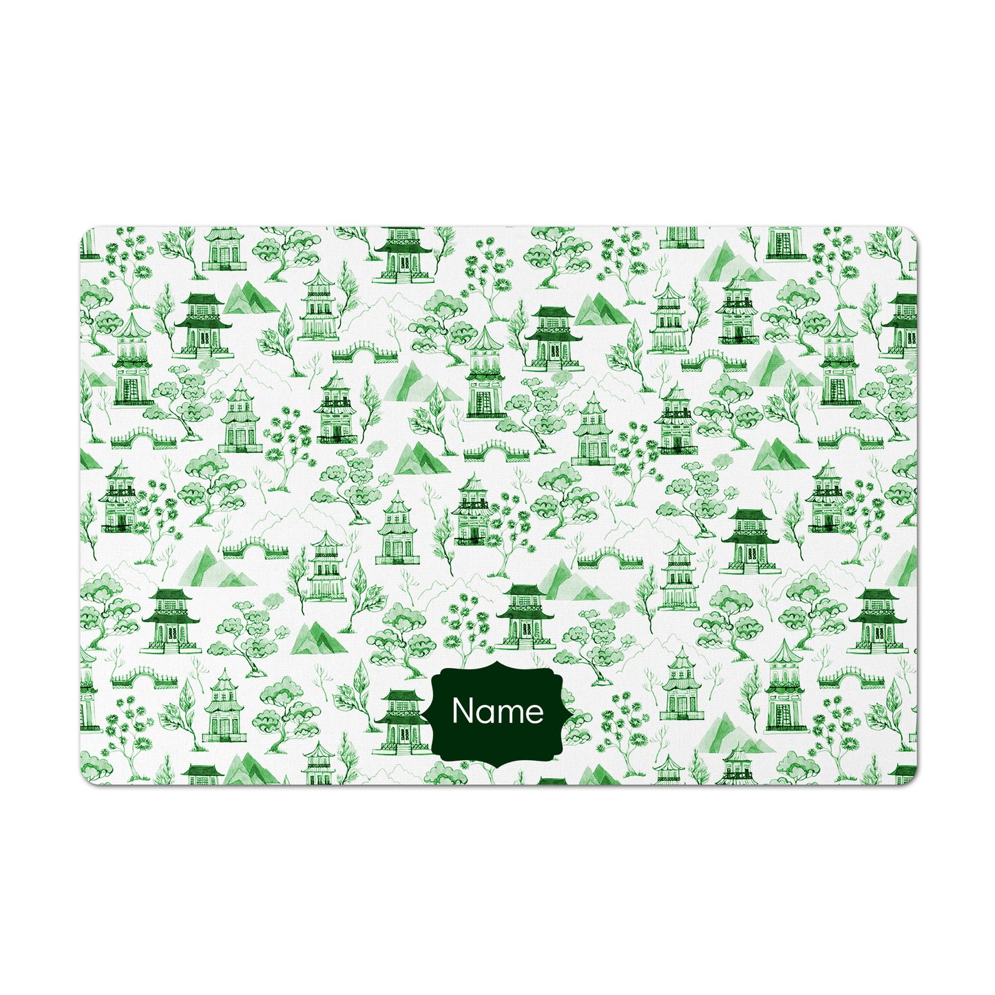 Personalized Pet Bowl Mat, Chinoiserie Toile, Green and White